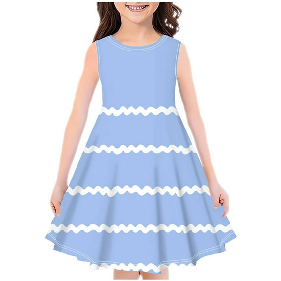 vdgthytj Girls Summer Midi Dresses Printed Round Neck Sundress Sleeveless A-Line Flowy Party Knee Length Dress