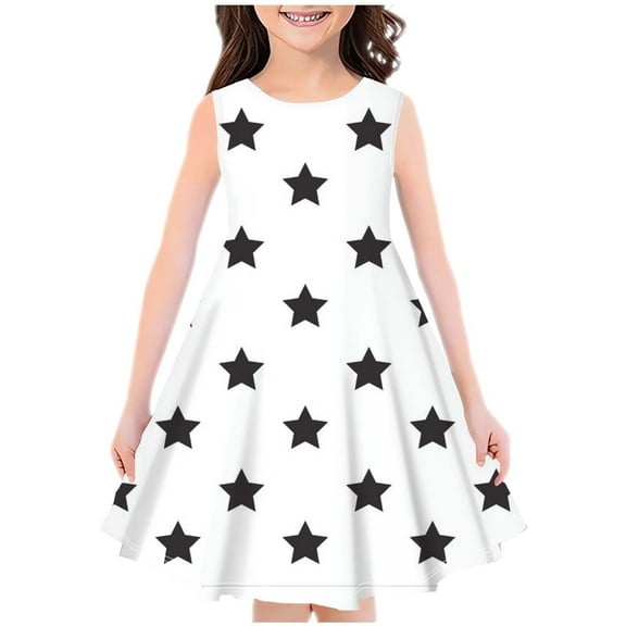 vdgthytj Girls Summer Midi Dresses Printed Round Neck Sundress Sleeveless A-Line Flowy Party Knee Length Dress