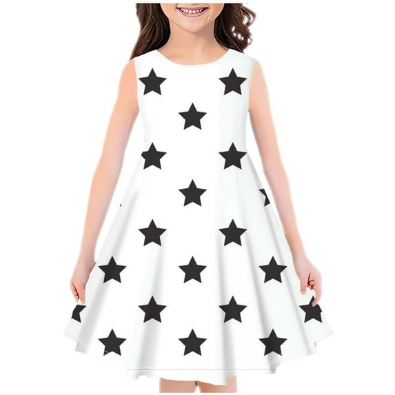 vdgthytj Girls Summer Midi Dresses Printed Round Neck Sundress Sleeveless A-Line Flowy Party Knee Length Dress