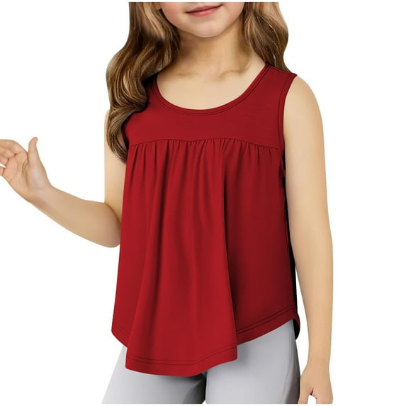 vdgthytj Girls Summer Tank Tops Crewneck Sleeveless Shirts Pleated Casual Loose Solid Color Basic Tees for Kids