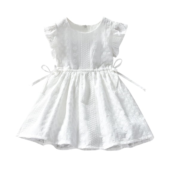 vdgthytj Girls Summer White Dress Ruffle Sleeve Crewneck Drawstring Casual A-Line Holiday Party Sundress