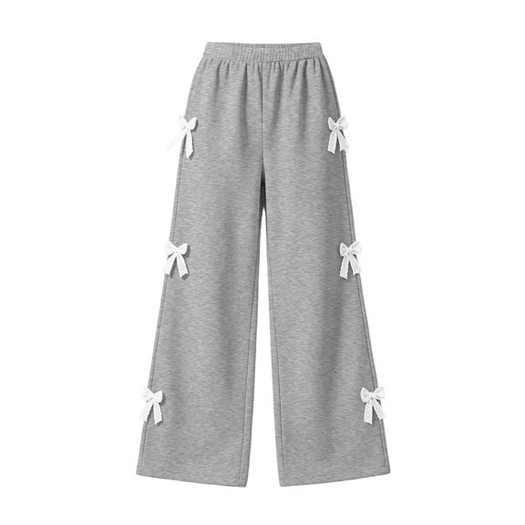 vdgthytj Girls Sweatpants Wide Leg Side Bowknot Elastic High Waist Floor Length Fall Winter Casual Trousers with Pockets(9-10 Years,Gray)