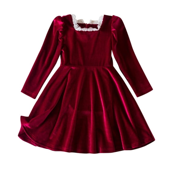 vdgthytj Girls Velvet Dress Lace Trim Square Neck Puff Long Sleeve A-Line Birthday Party Dress Fall Outfits