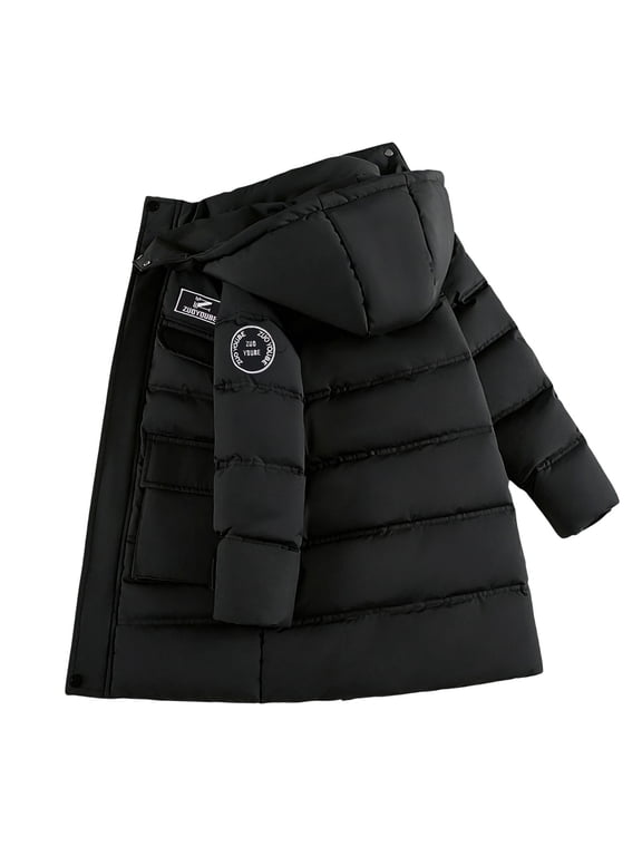 Hooded Puffer Coat for Boys Full Zip Long Sleeve Mid‑length Quilted Warm Winter Outerwear with Pockets(5-6 Years,Black)