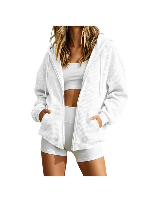 Hoodies for Women Long Sleeve Full Zip Drawstring Jacket Oversized Fall Winter Athleisure Outwear with Pockets(X-Large,White)