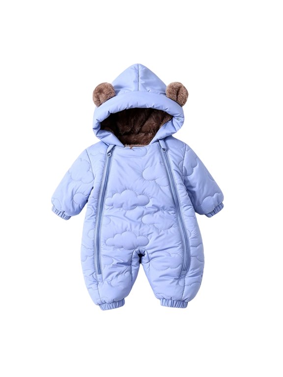 Infant Cloud‑quilted Hooded Snowsuit Dual‑zipper Fleece Lined Padded Jumpsuit Warm Winter Outerwear Romper(18-24 Months,Blue)