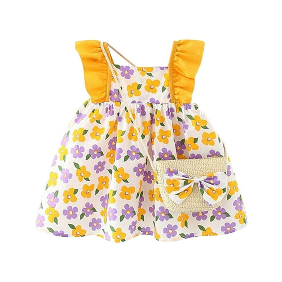 vdgthytj Infant Girl Dress Toddler Summer Floral Printed Ruffle Sleeveless Casual Sundress with Cute Bag Baby Clothes