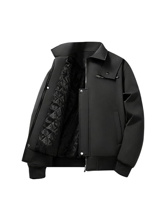 Jackets for Men Long Sleeve Full Zip Lapel Collar Snap Button Fall Winter Casual Padded Outerwear(4X-Large,Black)