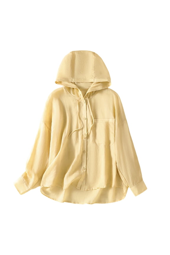 Jackets for Women Cotton Linen Long Sleeve Drawstring Hooded Front Button Lightweight Outwear with Pocket(Medium,Yellow)