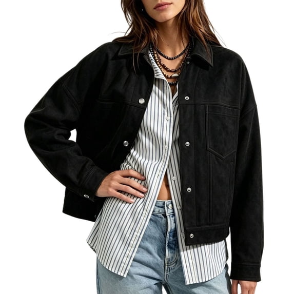 vdgthytj Jackets for Women Snap Button Lapel Collar Long Sleeve Cropped Fashion Fall Casual Outerwear with Chest Pockets(Small,Black)