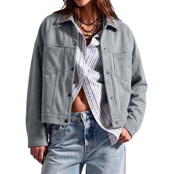 vdgthytj Jackets for Women Snap Button Lapel Collar Long Sleeve Cropped Fashion Fall Casual Outerwear with Chest Pockets(X-Large,Sky Blue)