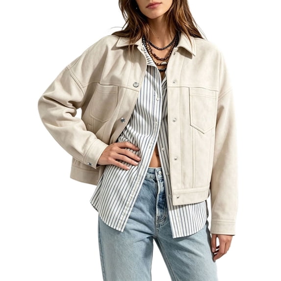 vdgthytj Jackets for Women Snap Button Lapel Collar Long Sleeve Cropped Fashion Fall Casual Outerwear with Chest Pockets(X-Large,White)