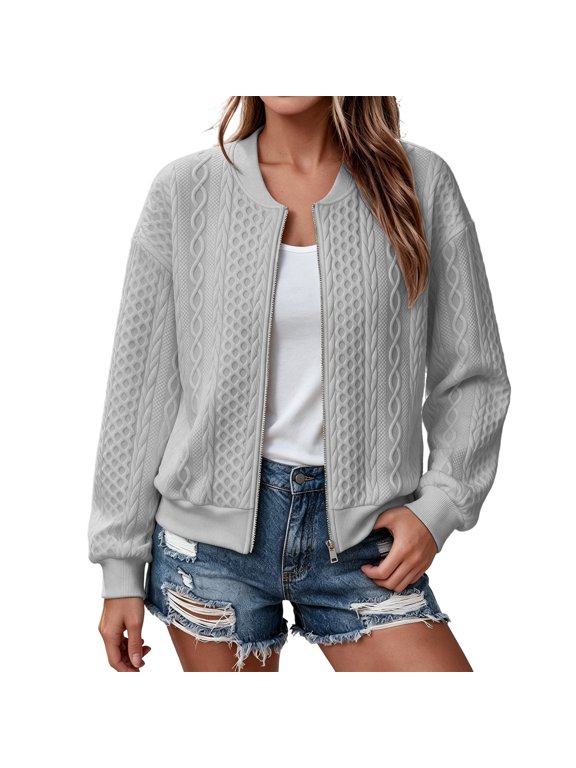 Jackets for Women Stand Collar Full Zip Long Sleeve Solid Cable Texture Fall Casual Short Outerwear(X-Large,Gray)