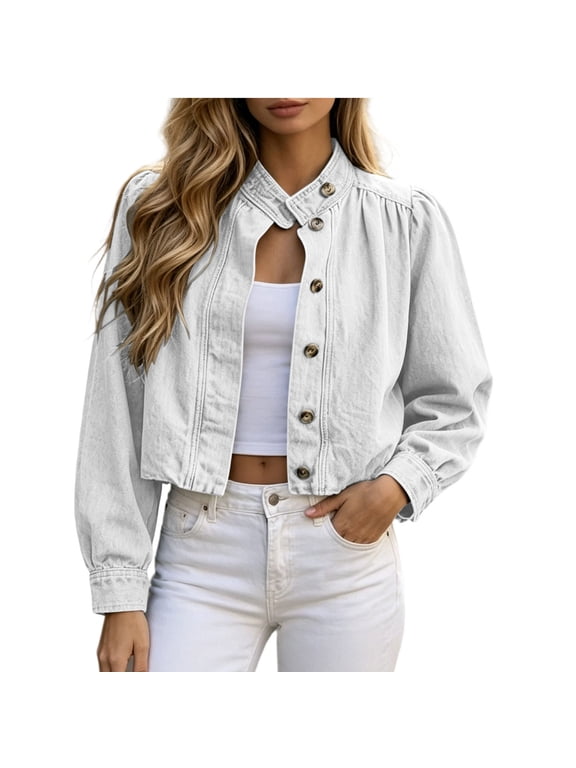 Jean Jacket Women Button Front Stand Collar Long Sleeve Fashion Outerwear Vintage Washed Cropped Denim Jacket(X-Large,White)