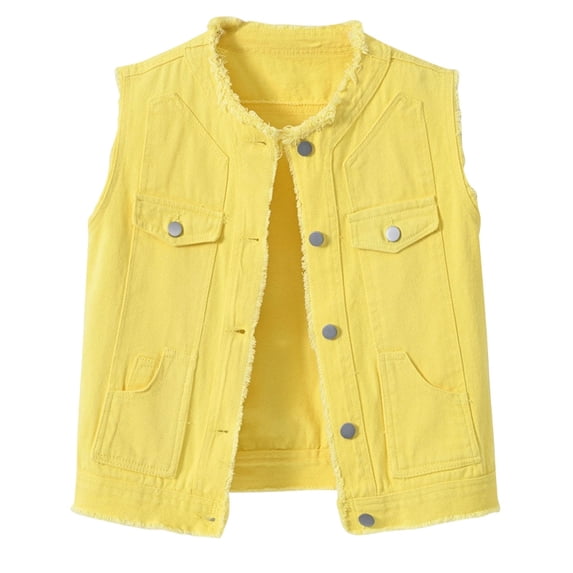 vdgthytj Jean Jacket Women Sleeveless Front Button Washed Frayed Fashion Solid Casual Denim Jacket with Pockets(X-Large,Yellow)