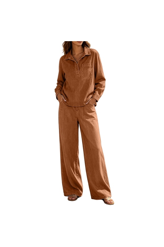 Jean Outfits for Women Long Sleeve Lapel Collar C-Neck Pullover Tops Wide Leg Pants Washed Vintage Fall Casual 2 Piece Denim Sets(Large,Brown)