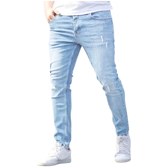 vdgthytj Jean Pants for Men Stretch Slim Fitted Washed Distressed Casual Tapered Denim Trousers with Pockets(Large,Light Blue)