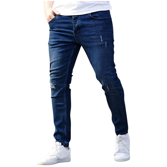 vdgthytj Jean Pants for Men Stretch Slim Fitted Washed Distressed Casual Tapered Denim Trousers with Pockets(X-Large,Blue)