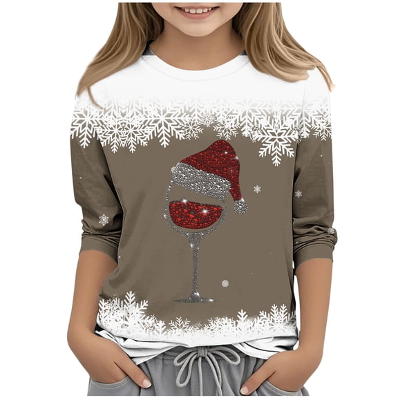 vdgthytj Kids 3/4 Sleeve Christmas Shirts Funny Graphic Crew Neck Xmas Holiday Tops for Boys Girls