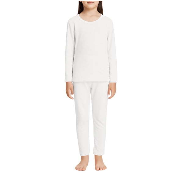 vdgthytj Kids Girls 2 Piece Loungewear Sets Solid Crewneck Long Sleeve Tops Slim Long Pants Stretchy Thermal Underwear Outfits(12-13Years,White)