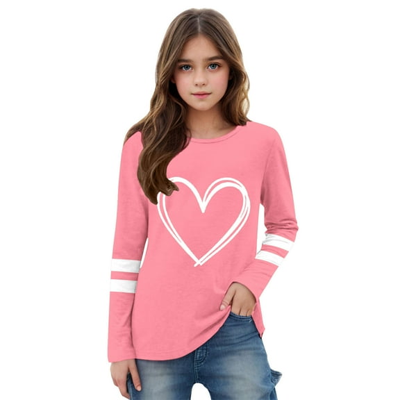 vdgthytj Kids Valentine's Day T-Shirt Long Sleeve Heart Printed Round Neck Tee Tops Casual Graphic Blouse for Girl