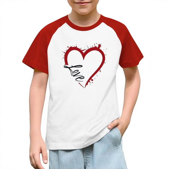 vdgthytj Kids Valentine's Day T-Shirt Raglan Short Sleeve Heart Graphic Round Neck Tee Tops for Boy Girl 3-14 Years