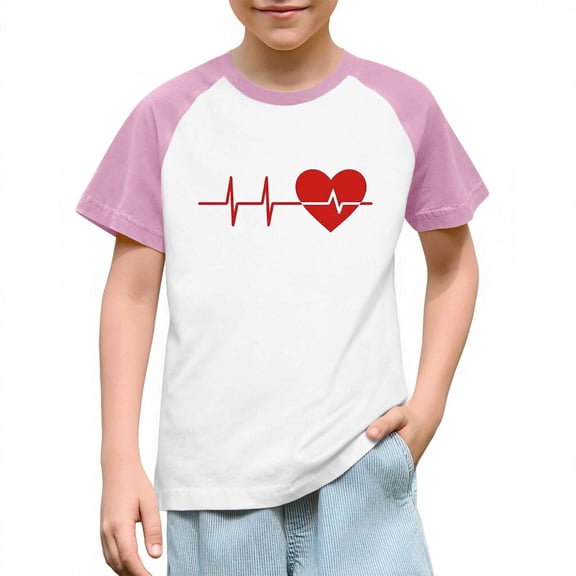 vdgthytj Kids Valentine's Day T-Shirt Raglan Short Sleeve Heart Graphic Round Neck Tee Tops for Boy Girl 3-14 Years