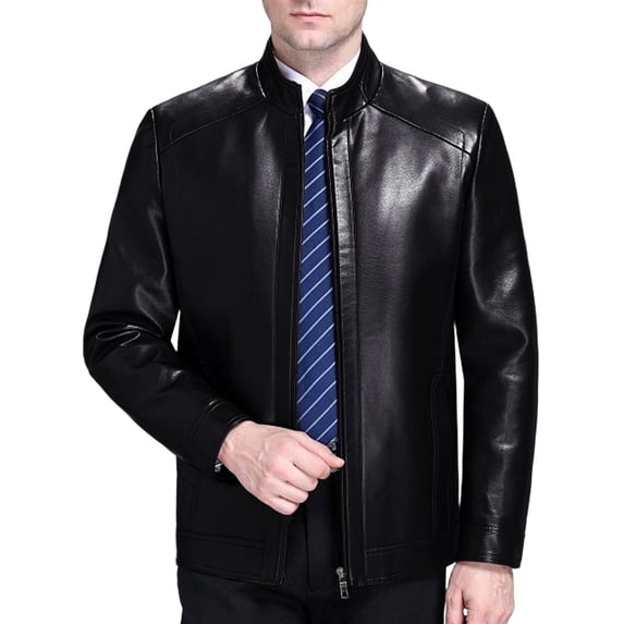 vdgthytj Leather Jacket Men Full Zip Stand Collar Long Sleeve Fall Winter Business Casual Work Jackets with Pockets(X-Small,Black)