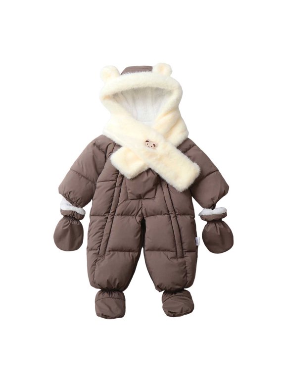 Little Boys Girls Winter Snowsuit Fleece Lined Hooded Jumpsuit with Ears Gloves and Scarf Warm Padded Romper for Cold Weather(9-12 Month,Brown)
