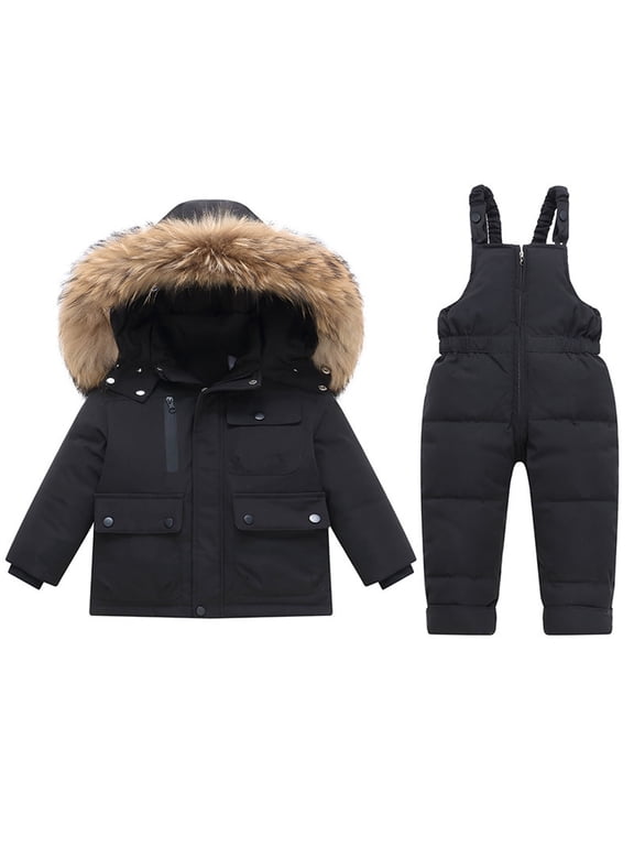 Little Kids 2 Piece Snowsuits Full Zip Long Sleeve Hooded Snow Jacket Bib Snow Pants Boys Girls Outdoor Ski Outfits(7-8 Years,Black)