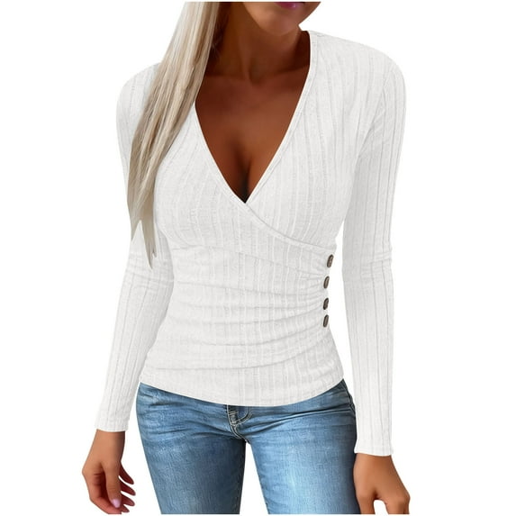 vdgthytj Long Sleeve Shirts for Women Deep V Neck Casual Slim Fitted Basic Tee Tops Going out Dressy Blouses