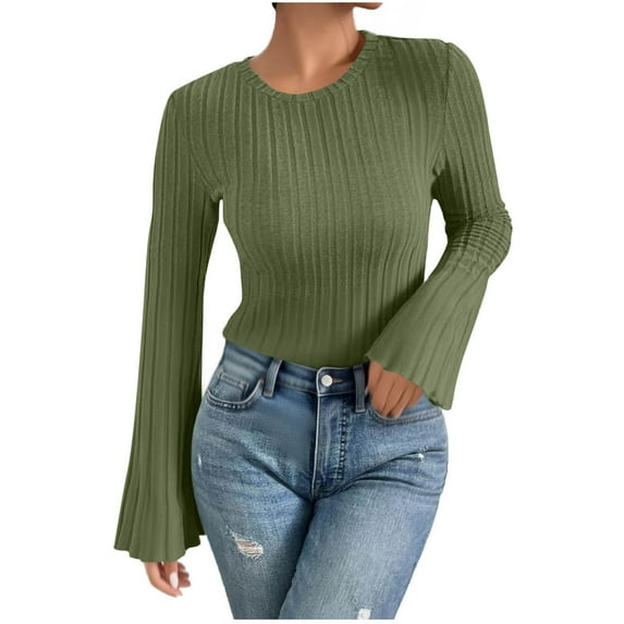 Besolor Long Sleeve Shirts for Women Fall Sweaters Casual Solid Color Crewneck Bell Sleeve Going out Tops
