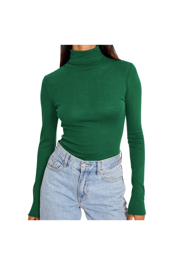 Long Sleeve Shirts for Women Turtleneck Solid Color Basic Tee Fall Slim Fitted Layering Tops Plus Size