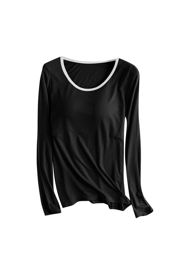Lounge Pajama Tops for Women Long Sleeve Shirts Fall Soft Blouse with Built in Bra Casual Basic Tee Shirt