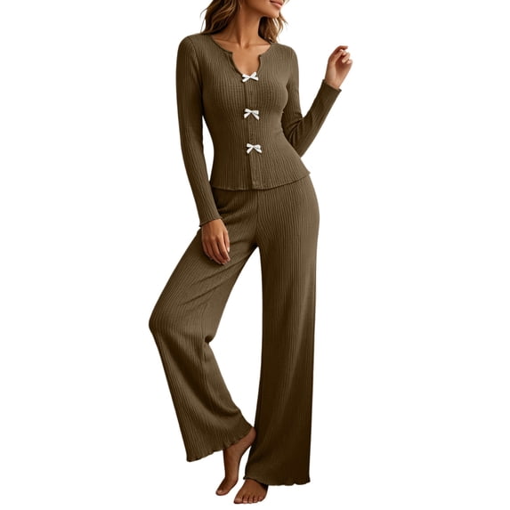 vdgthytj Loungewear Sets for Women 2 Piece Ribbed V-Neck Bowknot Long Sleeve Slim Fitted Tops Wide Leg Pants Fall Casual Sleepwear(Large,Brown)