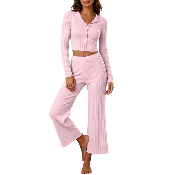 vdgthytj Loungewear Sets for Women Long Sleeve Button Lapel Collar Crop Tops Wide Leg Pants Fall Fashion Casual Ribbed 2 Piece Outfits(Large,Pink)
