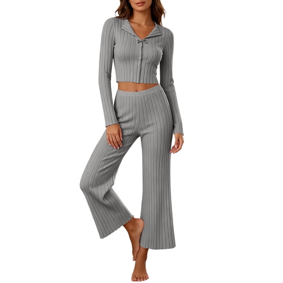vdgthytj Loungewear Sets for Women Long Sleeve Button Lapel Collar Crop Tops Wide Leg Pants Fall Fashion Casual Ribbed 2 Piece Outfits(Small,Gray)