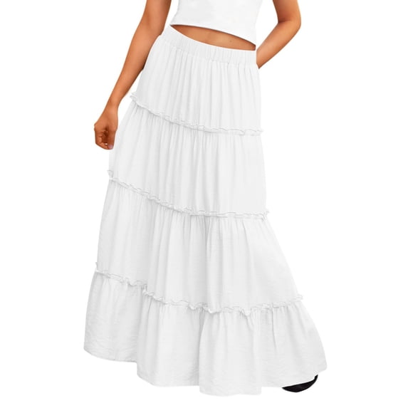 vdgthytj Maxi Skirt for Girls Summer Boho Ruffle Tiered Elastic Waist Casual A-Line Flowy Vacation Party Long Skirts