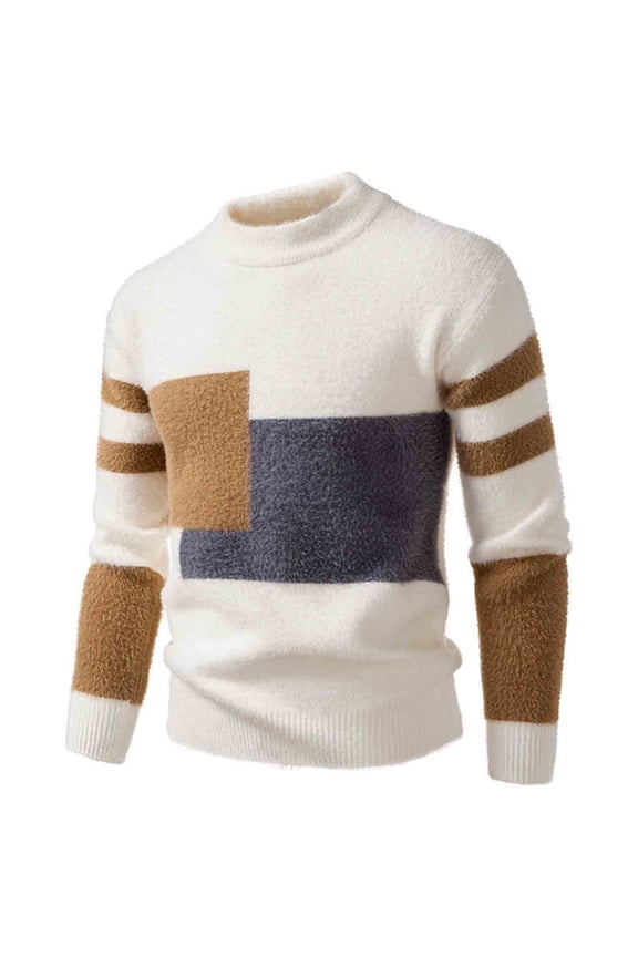 Mens Half Turtleneck Fleece Fuzzy Tops Color Block Warm Long Sleeve Pullover Sweater Fall Winter Clothes