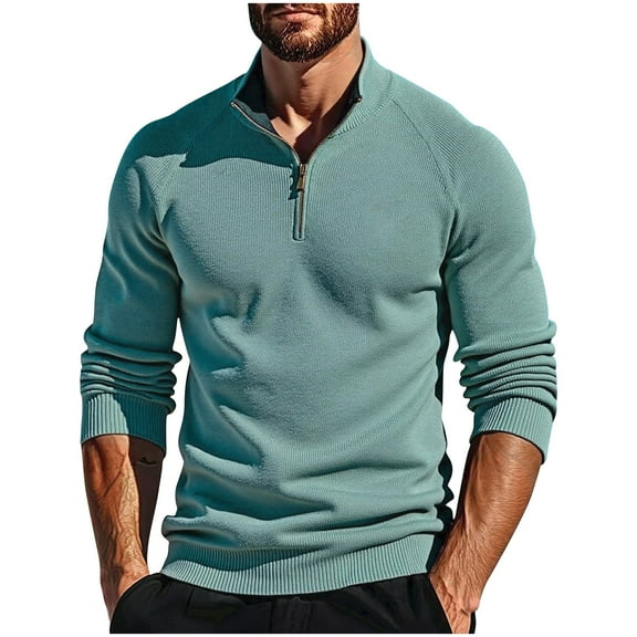 vdgthytj Mens Quarter Zip Pullover Sweaters Solid Color Long Sleeve Knit Casual Mock Neck Tops Fall Clothes