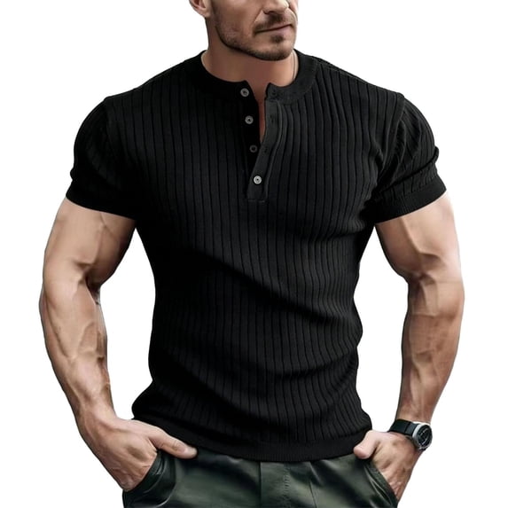 vdgthytj Mens Short Sleeve Shirts Henley Neck Button Loose Fitting Summer Casual Ribbed Knit Sweater Shirts