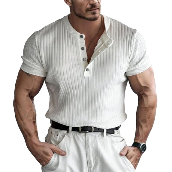 vdgthytj Mens Short Sleeve Shirts Henley Neck Button Loose Fitting Summer Casual Ribbed Knit Sweater Shirts