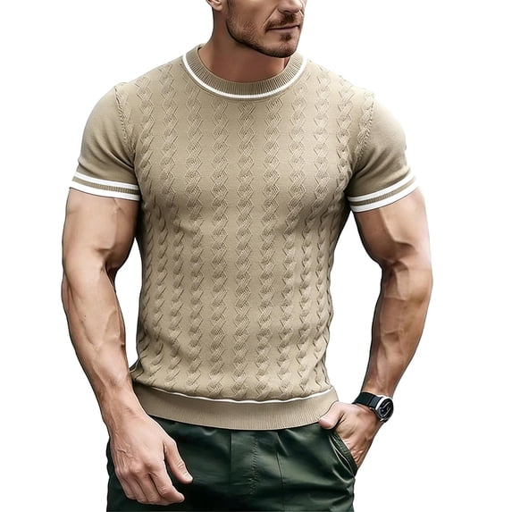 vdgthytj Mens Short Sleeve T Shirts Crew Neck Cable Knit Regular Fitted Tees Summer Casual Striped Sweater T Shirts