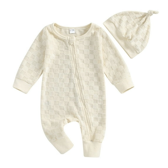 vdgthytj Newborn Baby Boy Girl Romper Infant Solid Zipper Long Sleeve Bodysuit Jumpsuit Outfits Hats Set