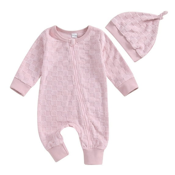 vdgthytj Newborn Baby Boy Girl Romper Infant Solid Zipper Long Sleeve Bodysuit Jumpsuit Outfits Hats Set