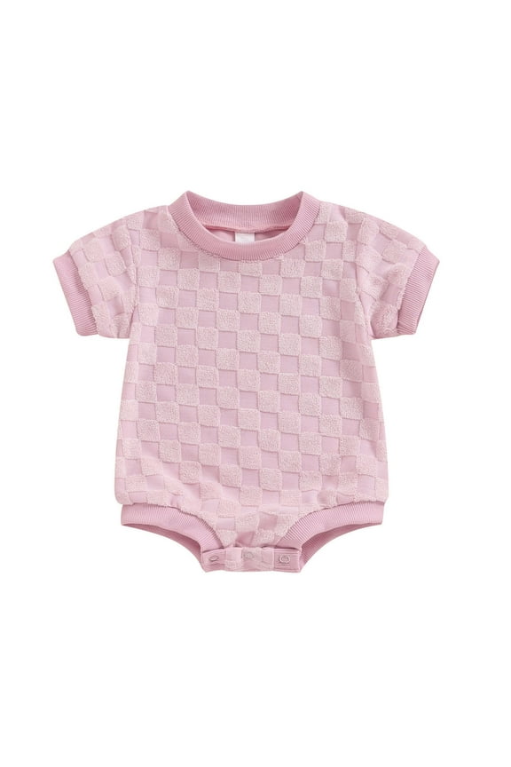 Newborn Baby Boys Girls Bubble Romper Cute Short Sleeve Crewneck Checkerboard Bodysuit Infant Summer Jumpsuit