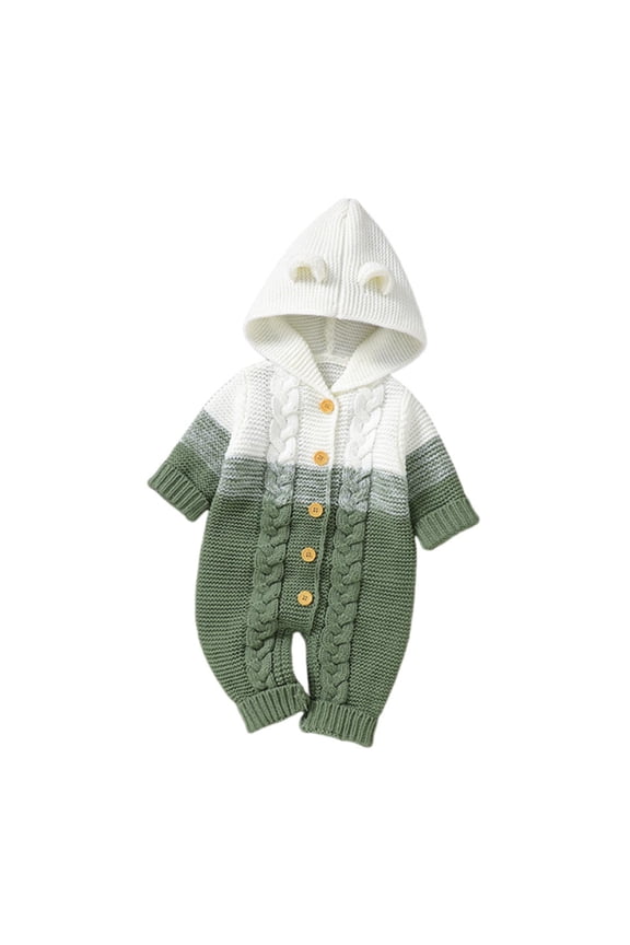 Newborn Girls Boys Hooded Sweater Romper Baby Cable Knitted Long Sleeve Button Jumpsuits Winter Clothes