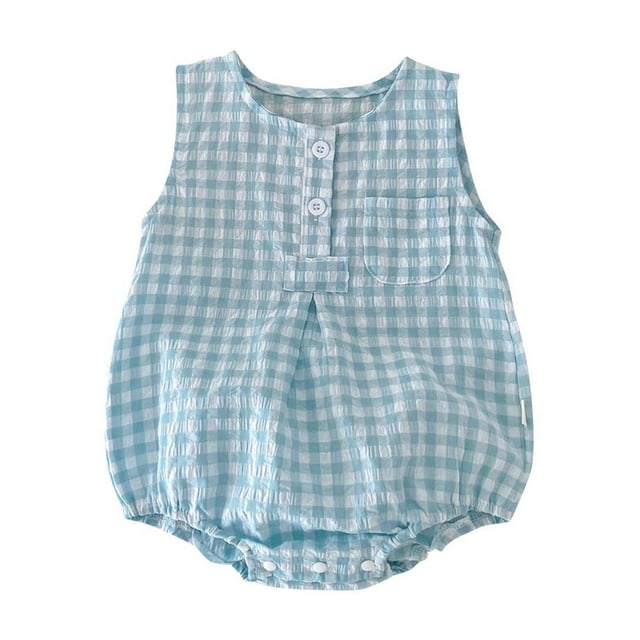 vdgthytj Newborn Infant Bubble Romper Baby Summer Clothes Plaid Sleeveless Crewneck Button Bodysuit One-Piece Jumpsuit