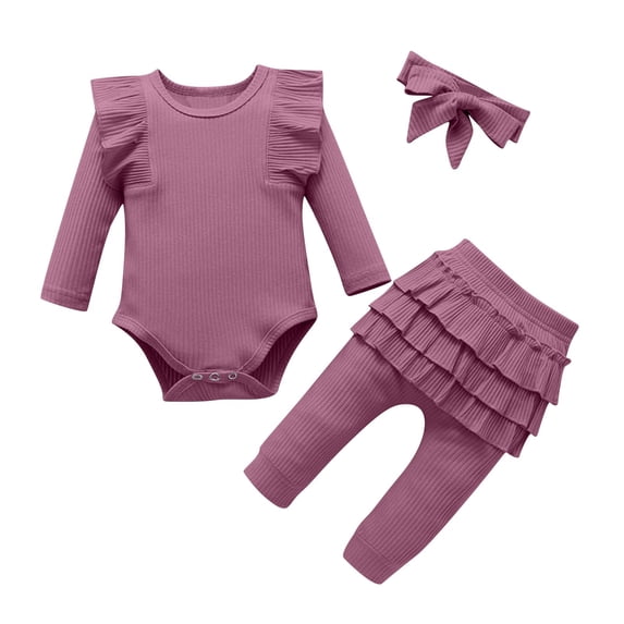 vdgthytj Newborn Unisex Clothes 3 Piece Sets Ruffle Long Sleeve Crewneck Bodysuit Infant Pants and Hairband Boys Girls Jumpsuit