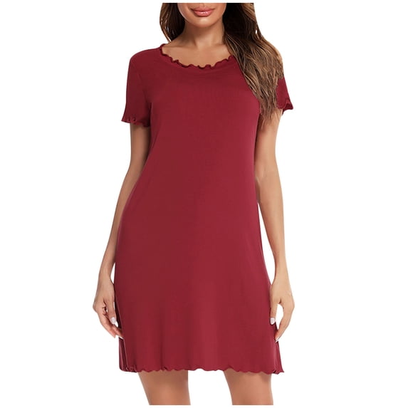 vdgthytj Nightgowns for Women Crewneck Short Sleeve Sleepshirts Lettuce Trim Comfy Soft Pajama Dress Sleepwear
